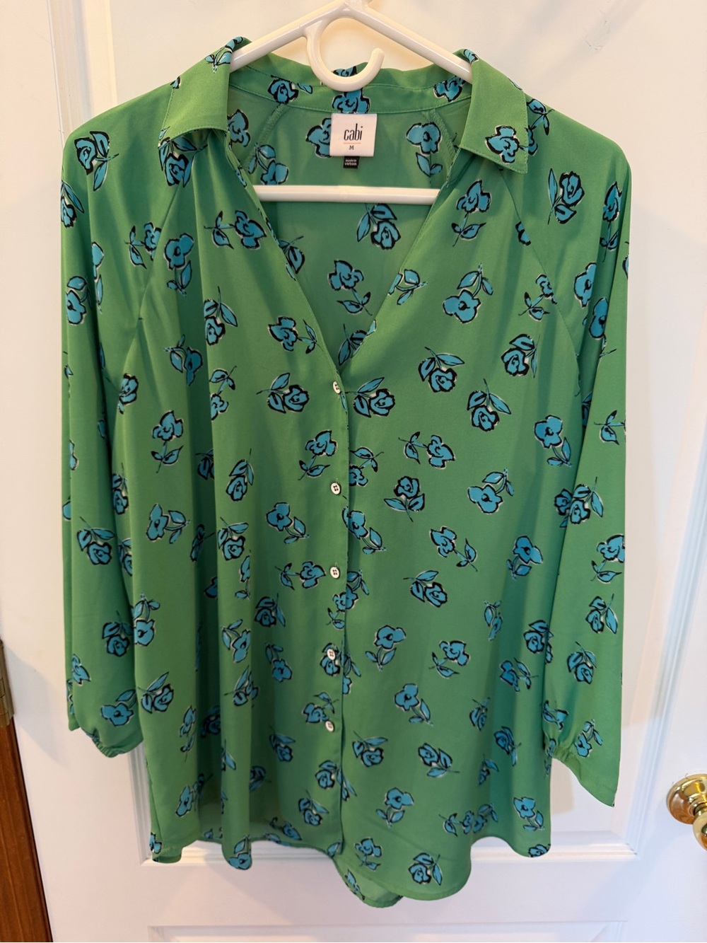 CAbi Green Tunic/Blouse with Blue Floral Print